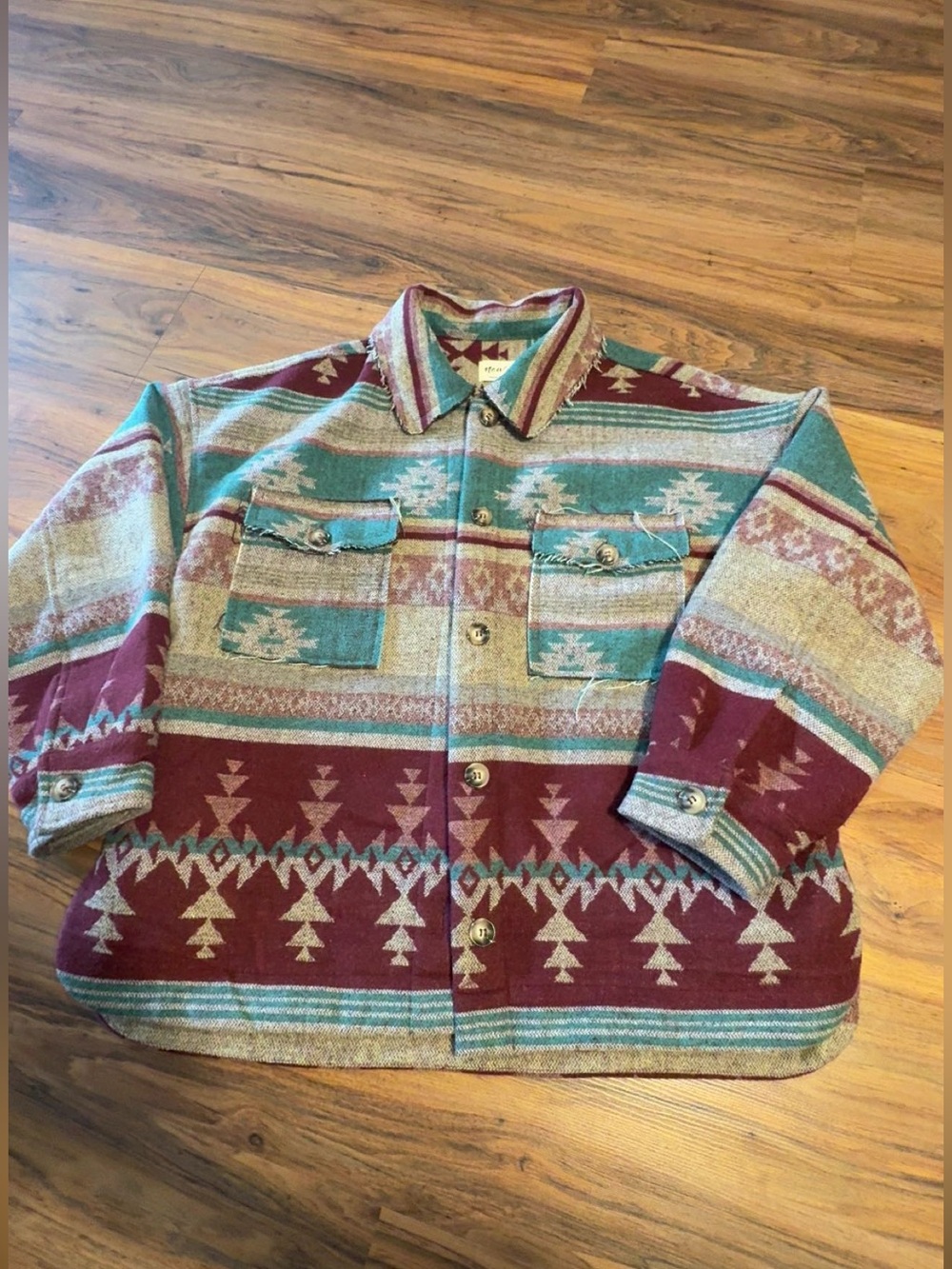 Women's Aztec Pattern Button-Up Jacket in Burgundy & Teal
